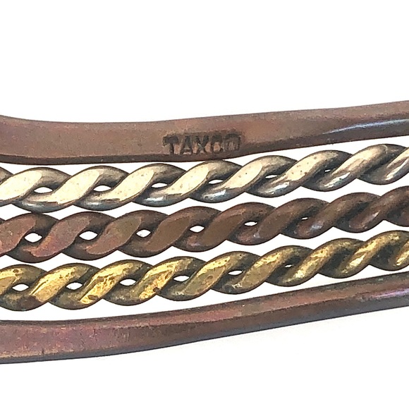 Vintage Taxco Mixed Metal Cuff Bracelet Copper Brass Silver Tone Tri-Tone Unisex - Picture 3 of 4